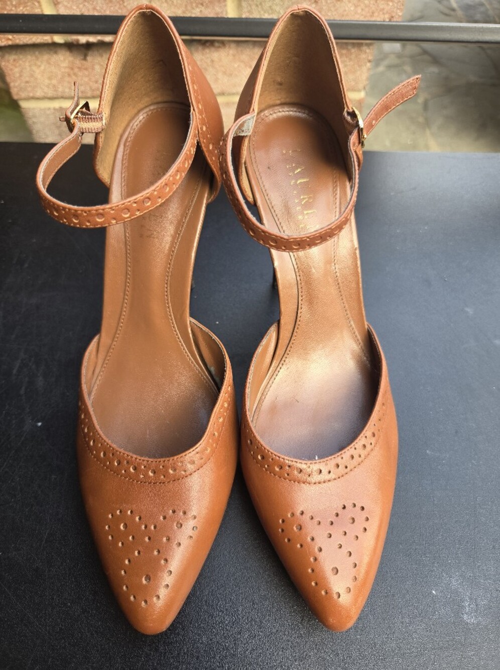 Lauren R.L. Tan Leather Brogue Ankle Strap Pumps Brogues Oxfords Heels Academia